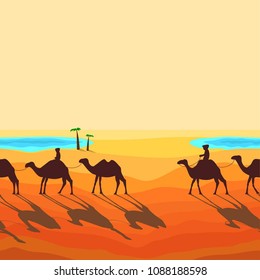 Seamless Landscape of the Desert. Caravan of Camels Goes to the Arabic Oasis. Silhouette Design in a Flat Style. Vector Illustration