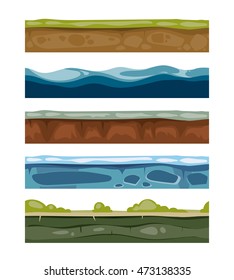 Seamless landscape elements. ground, ice, water, grass surfaces for computer games. Set of layers for graphic design illustration