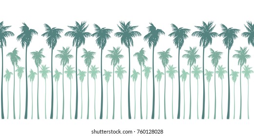Seamless landscape pattern with green silhouettes of palm trees on a white background. Vector image isolated on white.