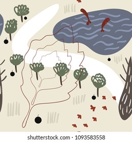 Seamless landscape pattern in memphis style with lake, trees, fish, leaf.  Abstract