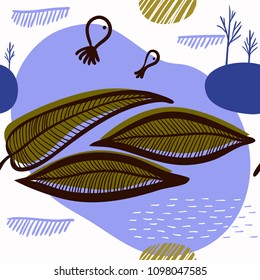 Seamless landscape pattern in memphis style with lake, leaves, fishes and geometric elements