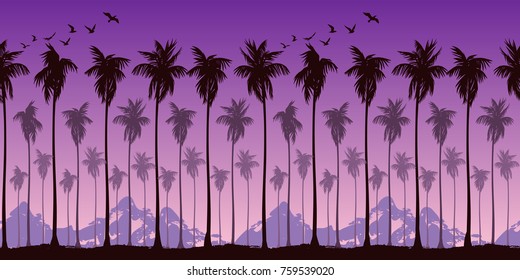 Seamless landscape pattern with silhouettes of palm trees on a background of brightly purple sunset sky and mountains. Vector image.