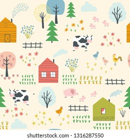 Seamless landscape pattern with village, cows, chickens, piglets and plants. Vector illustration. Use for textile, print, surface design, fashion kids wear