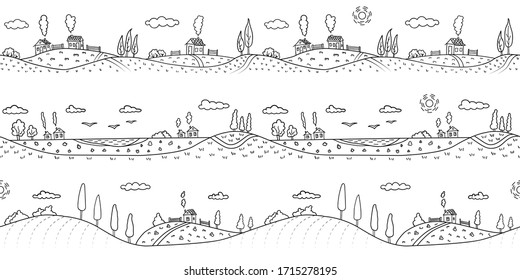 Seamless landscape rural nature ready for footer or header web site or landing page design. Set of vector illustration doodle black and white isolated on white background