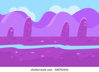 Seamless Landscape of Small River and Purple Hills for Game, Vector Illustration