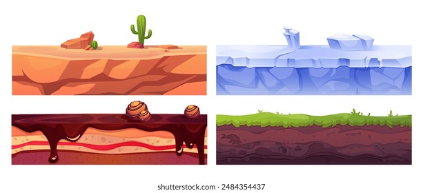 Conjunto de textura de paisaje sin costuras para la interfaz de juego. Ilustración de dibujos animados de Vector de desierto arenoso con cactus, hielo invernal y tierra nevada, tierra con hierba verde, galleta de chocolate dulce, patrones de plataformas de juego