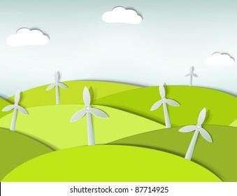 seamless landscape with wind turbines. Vector paper cut image