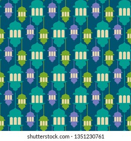 Seamless lantern pattern with ramadan symbol icons. Geometric islamic pattern. Traditional arabian style vector background.