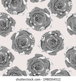 Seamless large monochrome roses on a gentle pink background. Vector illustration. Vintage floral elements. Used for printing on fabric, packaging, wallpaper, decorations, postcards, frames, flyers.