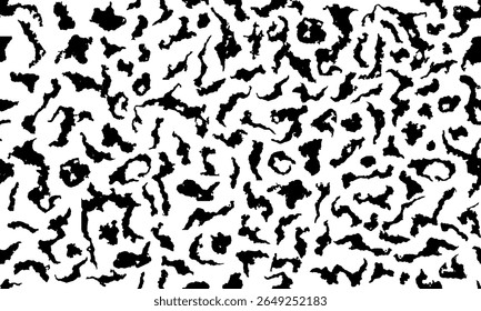 Pele de vaca manchada grande sem costura, padrão de manchas de gato dalmático ou calico. Textura de fundo de impressão de safári preto e branco inclinável. Abstrato boho chique camuflagem casaco de pele moda motivo