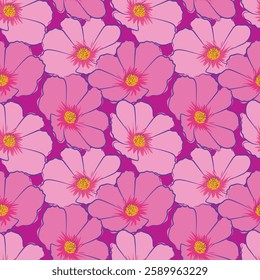 Seamless large pattern. Pink cosmos flowers. In the style of illustration sketch by hand for Wallpaper, Print, Fabric, Textile. Summer Background with Blooming cosmos line petals monotones pink