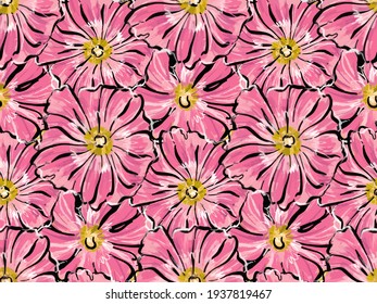 Seamless large pattern. Pink mallow flowers. In the style of illustration sketch by hand.