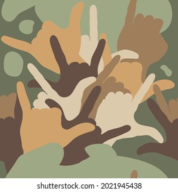 Seamless large-sized modern pattern in the military style from the American sign language I love you. Trending print for fabric, paper, wallpaper for smartphones.