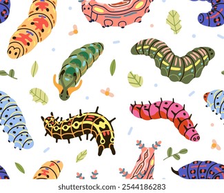 Padrão larval uniforme. Lagarta, impressão repetida. Insetos coloridos bonitos, larva de borboleta, fundo interminável, design de textura da natureza. Ilustração de vetor plano para têxtil, tecido, envoltório