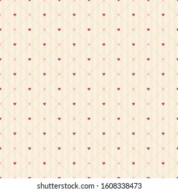 Seamless lattice pattern of small pink hearts on a beige striped background