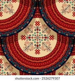 Seamless Latvian embroidery circular pattern, vector template for your design