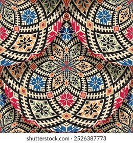 Seamless Latvian embroidery circular pattern, vector template for your design