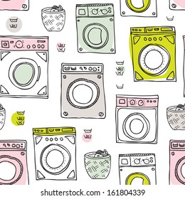 Seamless laundry day cleaning around the house vintage illustration background pattern in vector