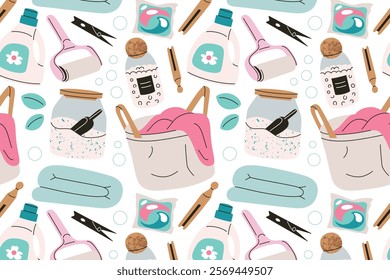 Seamless laundry pattern, vector illustrations in flat cartoon style, detergent bottles, clothespins, laundry baskets, washing powder, doodle capsules for washing, and lint rollers