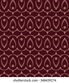 Seamless laurel wreath pattern of cross ornament. Lace view texture. Ceremonial, religious background. Dark vinous, maroon colored. Vector