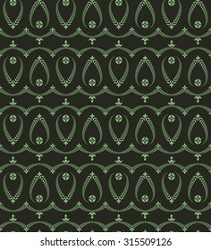 Seamless laurel wreath pattern. Curled, swirl stylized ornament with cross. Curled, lace view texture. Ceremonial, mourning, Halloween theme. Green figure on black background. Vector illustration