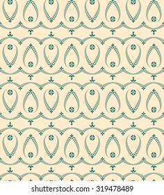Seamless laurel wreath pattern. Curled, swirl stylized ornament with cross. Curled, lace view texture. Ceremonial, Ester, church theme. Green figure on light yellow background. Vector 