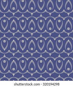 Seamless laurel wreath pattern. Curled, swirl stylized ornament with cross. Curled, lace view texture. Ceremonial, Ester, church theme. Light figure on dark lilac, purple background. Vector 