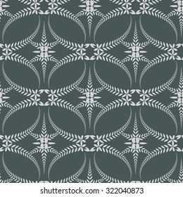 Seamless laurel wreath pattern. Curled, swirl stylized ornament with cross. Lace view texture. Ceremonial, winter theme. White figure on gray background. Silver colored. Vector 