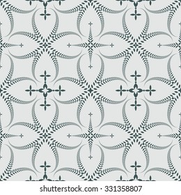 Seamless laurel wreath pattern. Curled, swirl stylized ornament with cross. Curled, lace view texture. Ceremonial, remembrance theme. Gray-green figure on light background.  Vector 