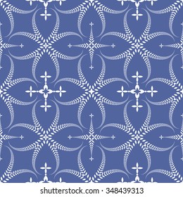 Seamless laurel wreath pattern. Curled, swirl stylized ornament with cross. Lace view texture. Ceremonial, religious background. White, blue colored. Vector 