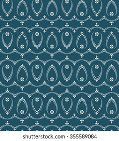 Seamless laurel wreath pattern. Curled, swirl stylized ornament with cross. Lace view texture. Ceremonial, religious background. Dark blue gray colored. Vector 