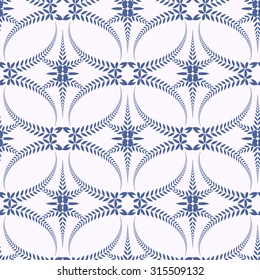 Seamless laurel wreath pattern. Spiral, swirl, solemn, ceremonial stylized ornament with cross. Vintage, curled, lace view texture. Winter theme. Blue figure on white background. Vector illustration