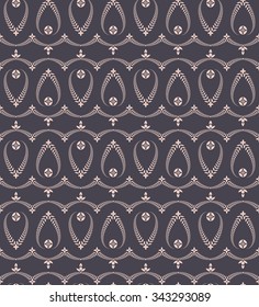 Seamless laurel wreath pattern. Swirl ornament with cross on dark background. Vintage lace texture. Ceremonial, solemn, mourning, religion theme. Purple, gray colored. Vector 