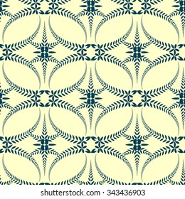 Seamless laurel wreath pattern. Swirl ornament with cross on light background. Vintage lace texture. Ceremonial, solemn, mourning, religion theme. Yellow, blue colored. Vector 