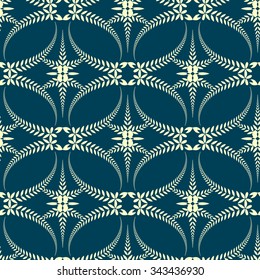 Seamless laurel wreath pattern. Swirl ornament with cross on dark background. Vintage lace texture. Ceremonial, solemn, mourning, religion theme. Blue, yellow colored. Vector 