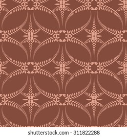 Seamless laurel wreath pattern. Vintage, lace texture. Swirl silhouettes with laurel leaves. Floral theme. Twist ornament. Light figure on brown, terracotta, pastel background. Vector illustration