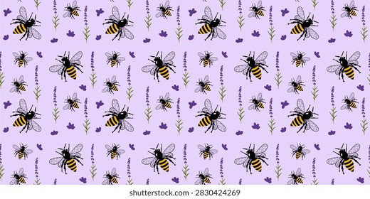 Seamless Lavender And Bee Pattern Background With Honeybees, Floral Sprigs And Pastel Lilac Tones