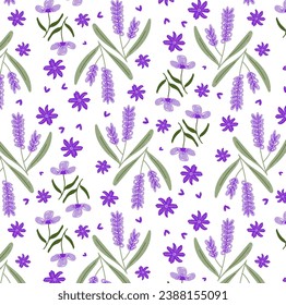 Lavanda sin foco y flor de flores en fondo blanco.  Impresión vectorial púrpura y verde para la moda, tela, textil, decoración, papel pintado, diseño de fondo.