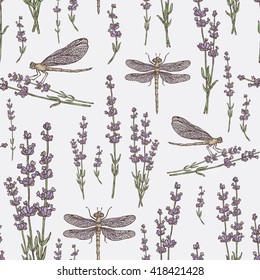 Seamless with lavender and dragonfly. hand drawn