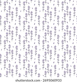 Seamless lavender floral pattern with purple flowers and leaves. The flat colorful plant design is perfect for fabrics, packaging, spas, wellness centers, or natural product branding.