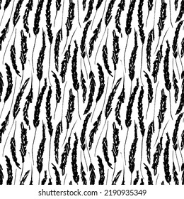Seamless lavender flowers pattern. Hand drawn black charcoal flowers. Botanical rustic ornament. Black and white botanical background with lavender branches. Graphic texture background
