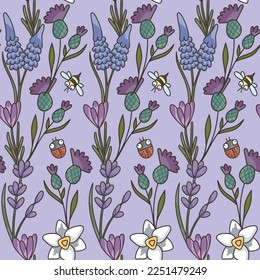 Seamless lavender pattern. Pattern with flowers. Cute childish drawing. Vector illustration, provence, for children, ladybug.