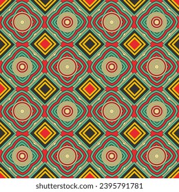 El fondo es de una capa impecable, con formas geométricas decoradas. La paleta está compuesta por colores verdes, rojos y amarillos. Ilustración del vector
