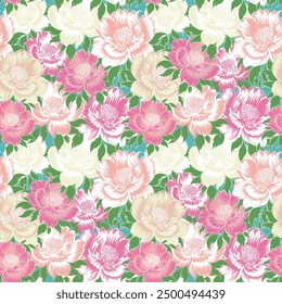 seamless layered background with peonies, large roses.  Delicate vector illustration with pink and white flowers and leaves on a blue background.