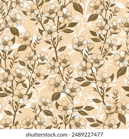 seamless layered ornate background of silhouettes of flowers. vector illustration with flowers, leaves and twigs in brown tones