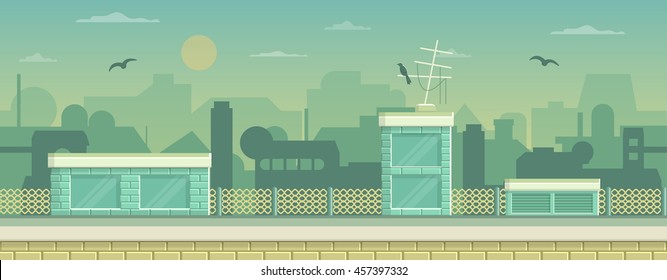 Seamless layered parallax ready runner shooter game cityline background scene. Urban environment, roofs, buildings and other elements.