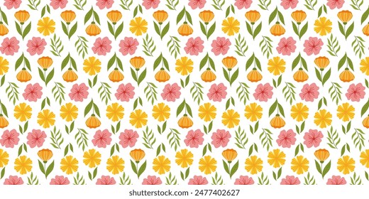 Diseño sin fisuras con Elementos florales. Tejido o patrón de Fondo de pantalla recurrente de inspiración botánica con flor de naranja en tallo con hoja, flor amarilla, flor de cerezo y hojas.
