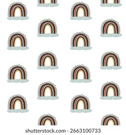 Seamless layout with small rainbows in warm color tones. Ideal for nursery decor and print.