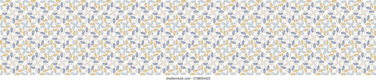 Seamless leaf border pattern in french blue linen shabby chic style. Hand drawn floral damask texture. Old white blue background. Interior home decor edge bordure. Ornate flourish motif ribbon trim.