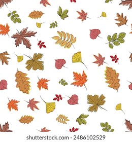 Seamless leaf. Colorful autumn hand drawn vector illustration. Embroidery stylization fashion print. Line art